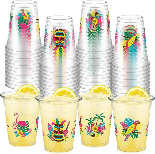 50 Pcs Summer Hawaiian Cups 12 oz Plastic Tropical Luau Glasses