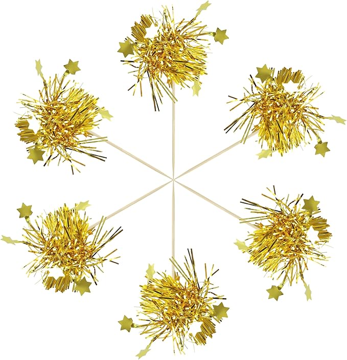 Gyufise 30Pcs Star Foil Firework Cupcake Toppers Sparkle Tinsel Cake