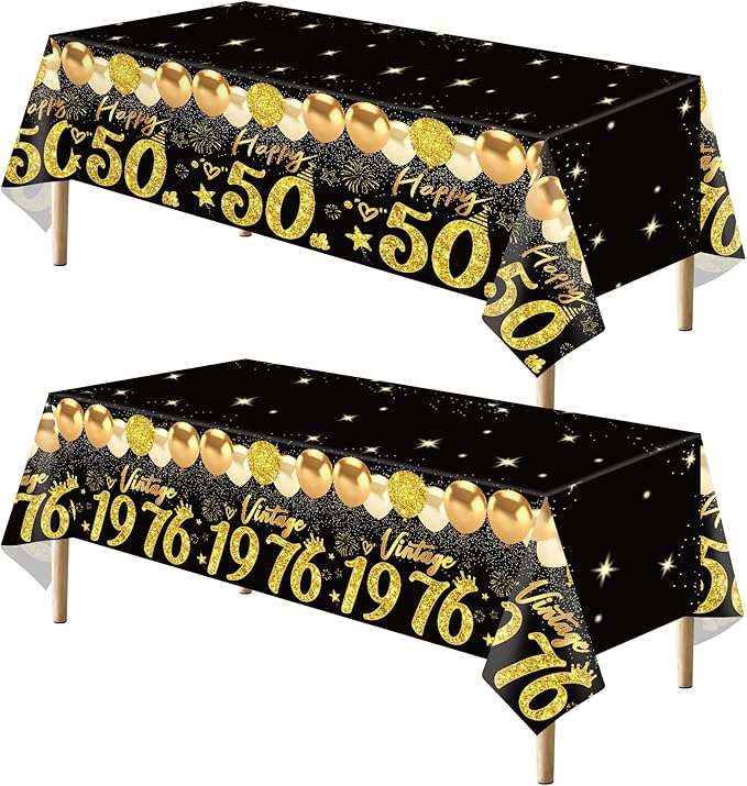 Uiorgui 2pcs 50th Birthday Tablecloth, Black Gold 50th Birthday
