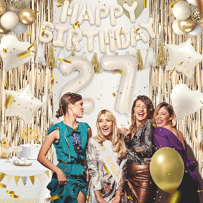 27th Birthday Decorations for Women, White and Gold 27 Boho Birthday