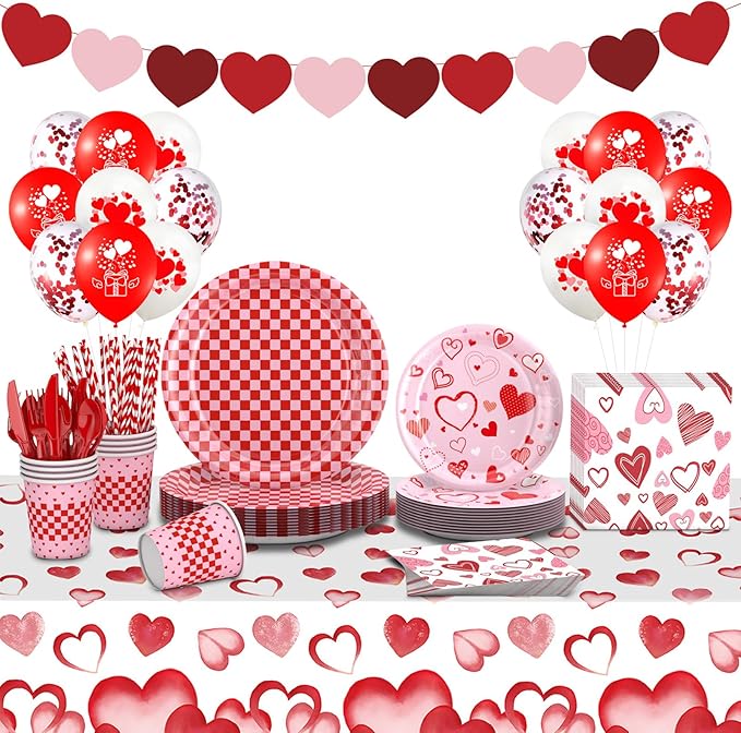 146Pcs Valentine's Day Party Tableware Set Red Heart Love Disposable