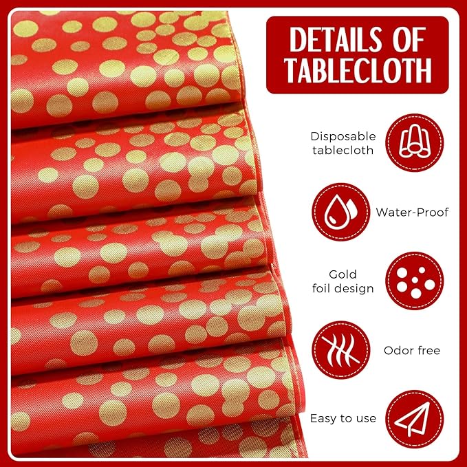 Breling 8 Pack Red and Gold Disposable Plastic Tablecloths and Satin