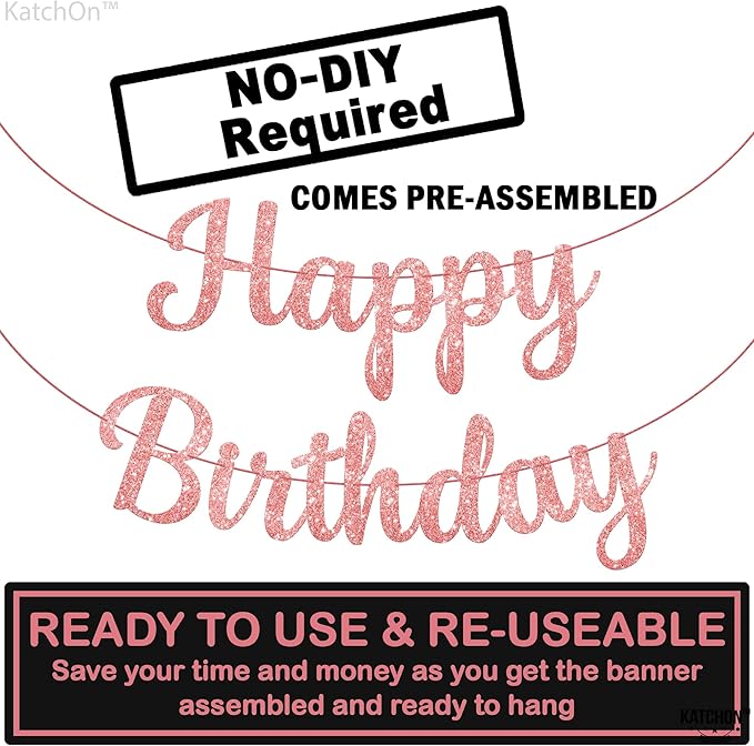 KatchOn Glitter Rose Gold Cursive Happy Birthday Banner - Pre-Strung