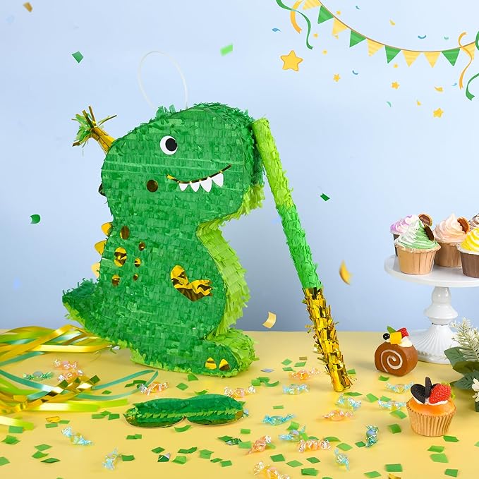Small Dinosaur Pinata T Rex Green Gold with a Blindfold a Bat and