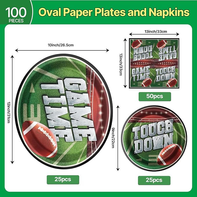 Dereinwo 100 PCS Football Party Paper Plates and Napkins | Bundle
