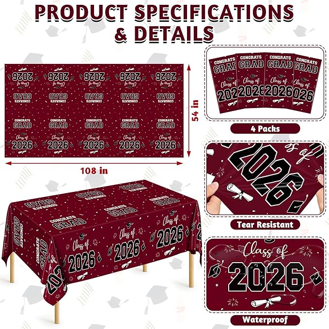 QZYL 4 Pack Graduation Table Decorations 2026, 54" x 108" Maroon