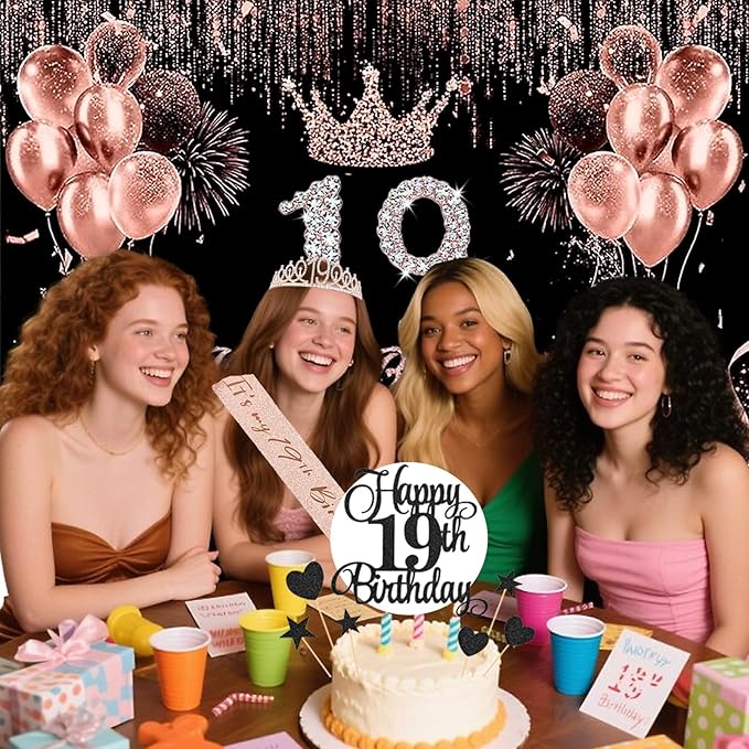 19th Birthday Decorations for Her Black Rose Gold Party Essentials