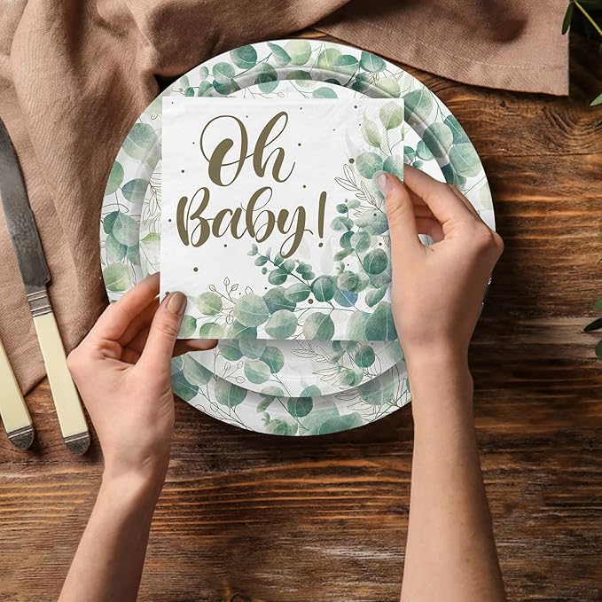 Sage Greenery Baby Shower Party Supplies Disposable Paper Plates