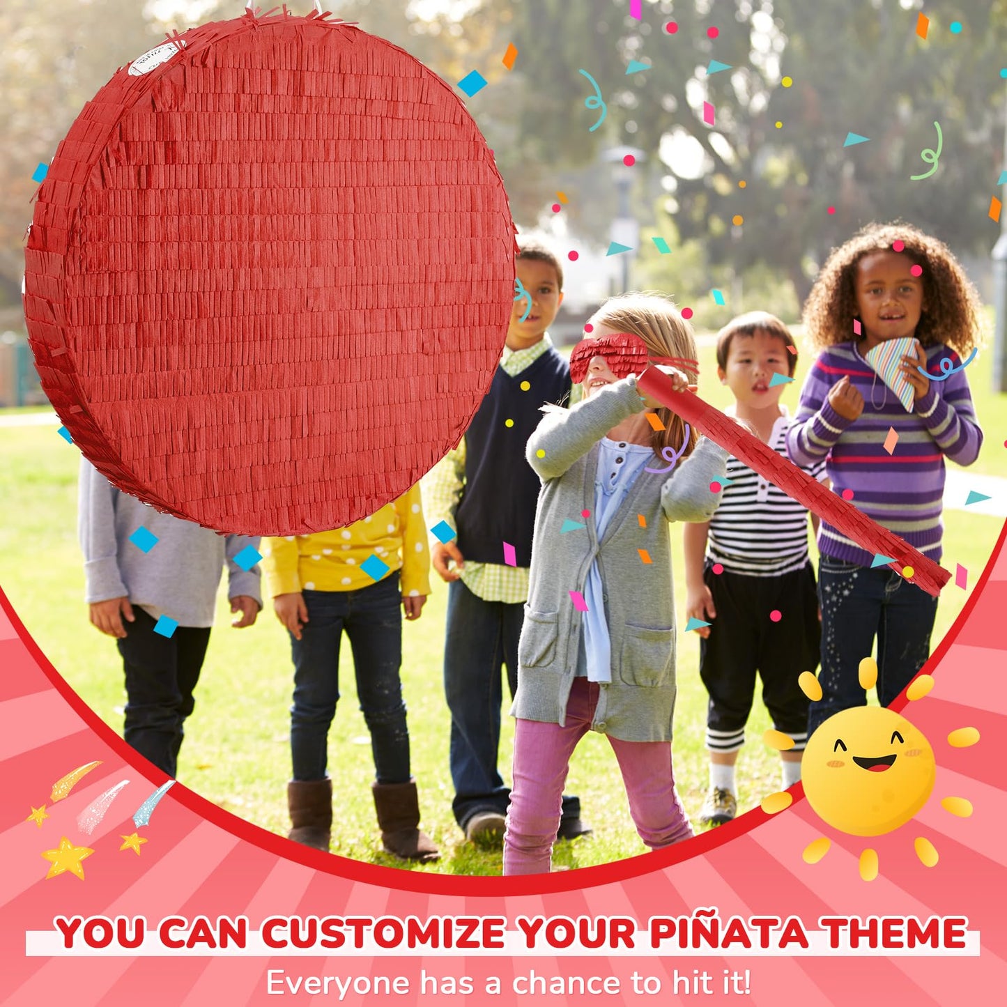 Jenaai 16 Inch Round Red Piñata Large circle Blank Piñata with Stick