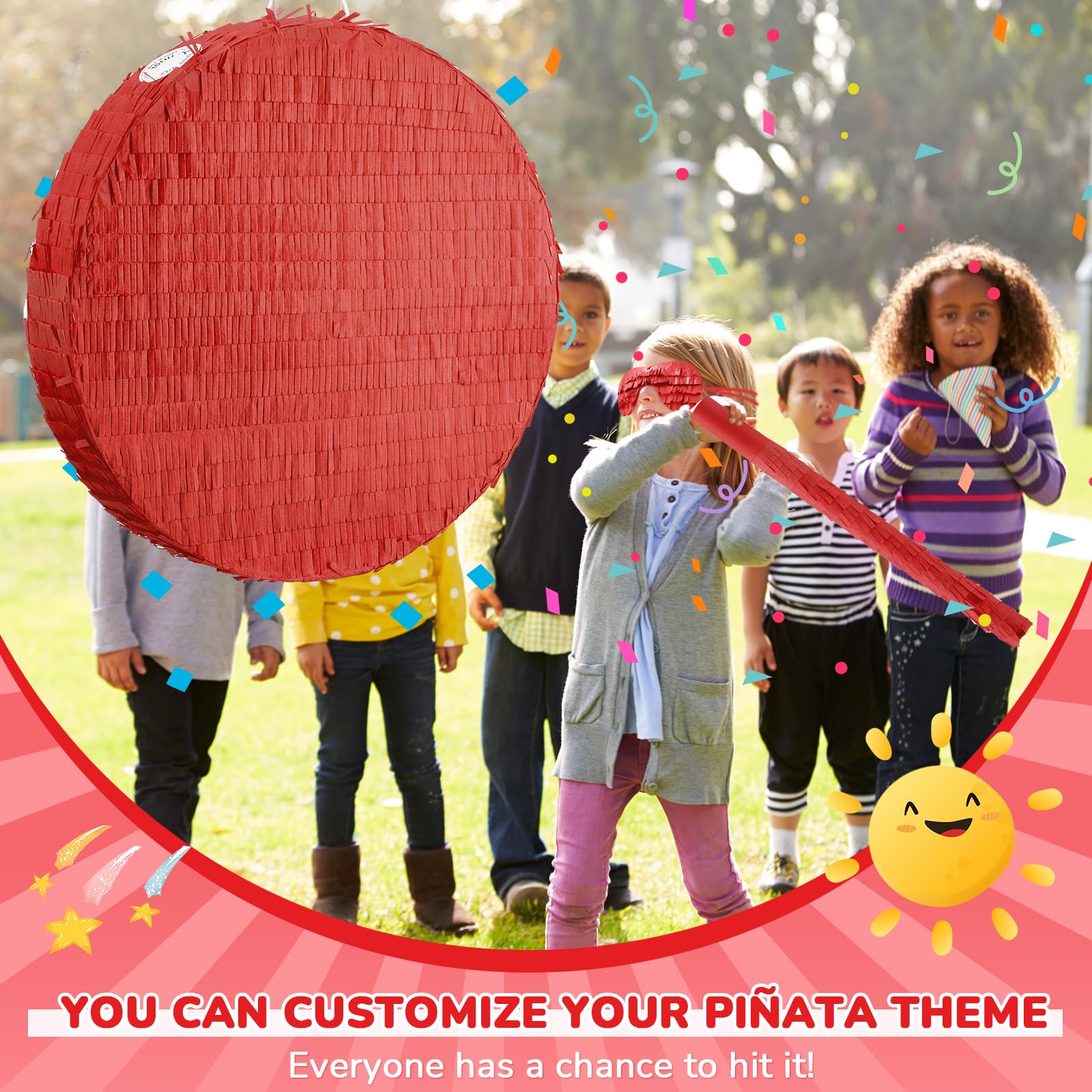 Jenaai 16 Inch Round Red Piñata Large circle Blank Piñata with Stick