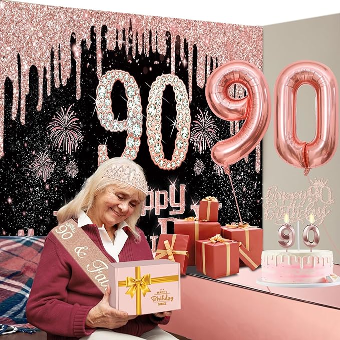 90th Birthday Decorations for Women with Banner Rose Gold Tablecloth