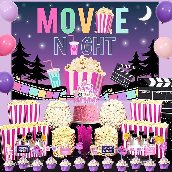 Movie Night Party Decorations Pink & Purple Fantasy Banner Backdrop
