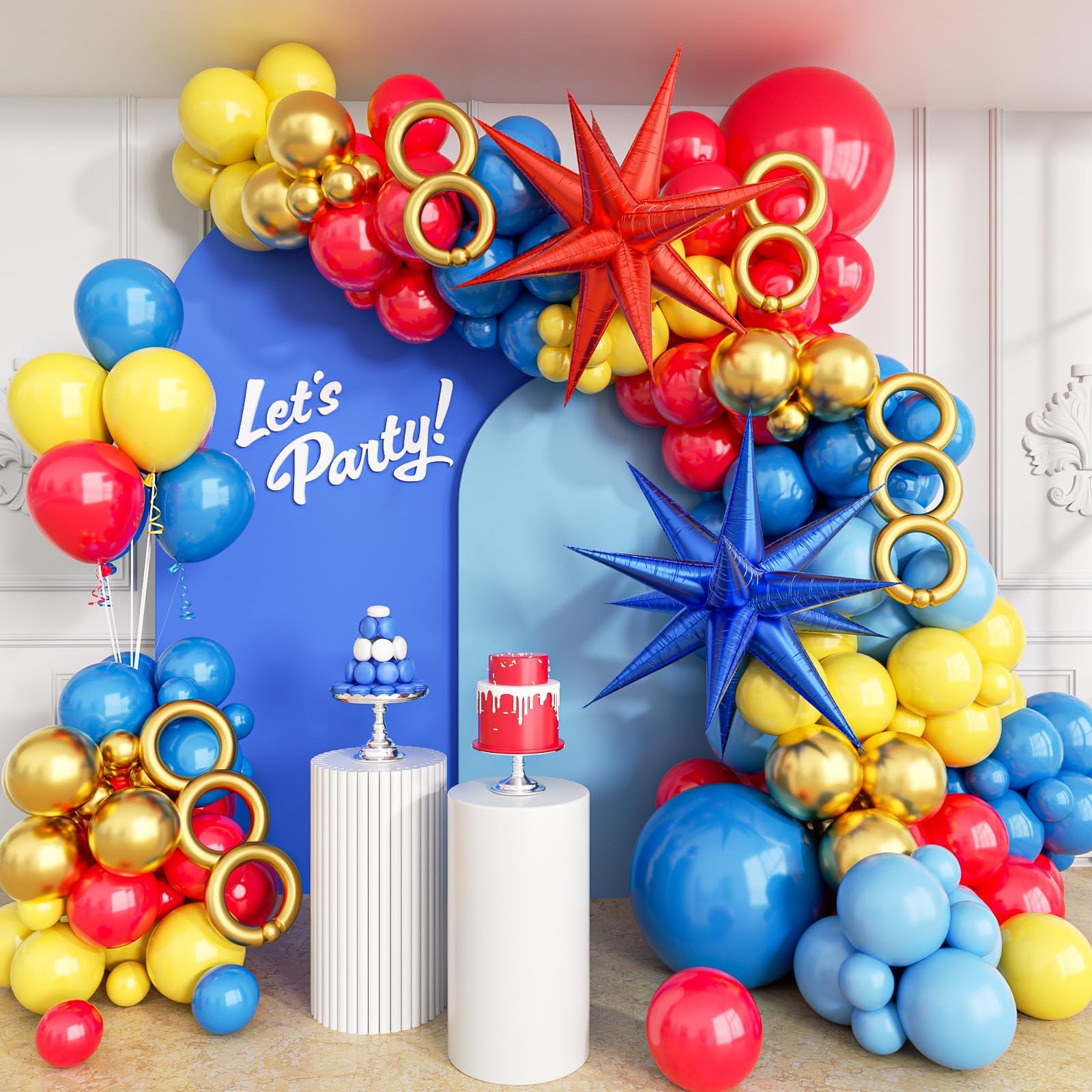 132pcs Red Blue Yellow Balloons Arch Garland Kit with Long Balloons