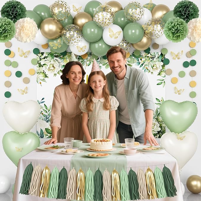 Sage Green Birthday Decorations Kit for Green Neutral Boho Party