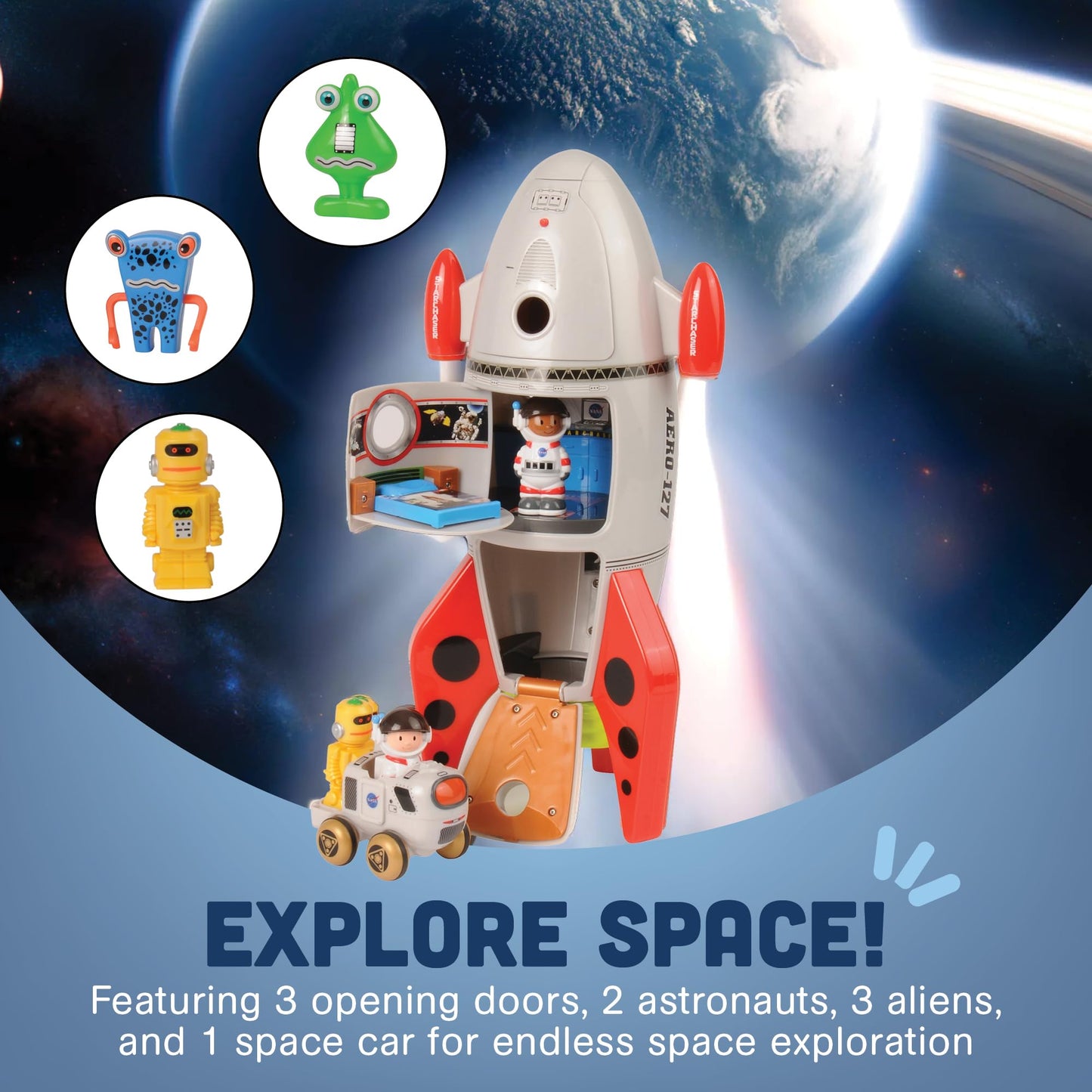 CP Toys Space Mission Rocket Ship Toy, Includes Astronaut Figurines,