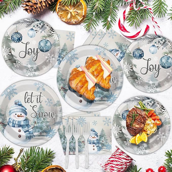 96pcs Christmas Party Plates and Napkins Blue and Gray Winter