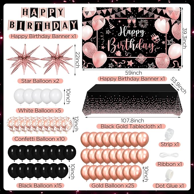 Rose Gold Birthday Party Decorations 63Pcs Rose Gold and Black Happy