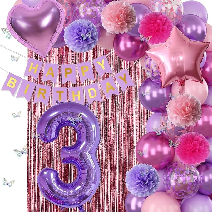 Pink Purple 3rd Birthday Party Decorations for Girls Number 3