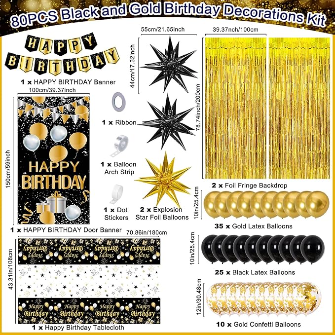 Black and Gold Birthday Decorations for Men Women Happy Birthday
