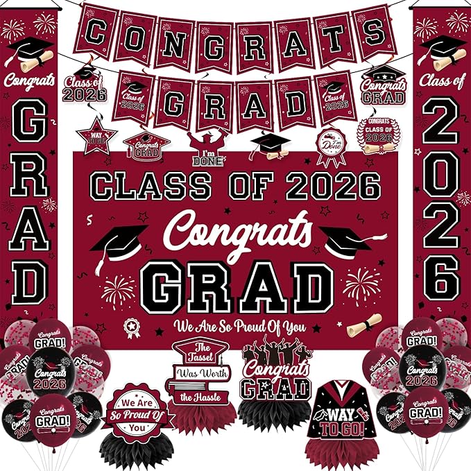Graduation Decorations 2026 Maroon Graduation Party Decor Set include