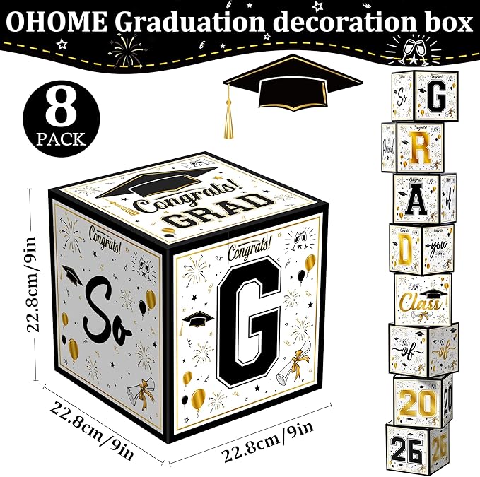 OHOME 8 Pack Graduation Decorations 2026 - Black Gold Balloon Boxes