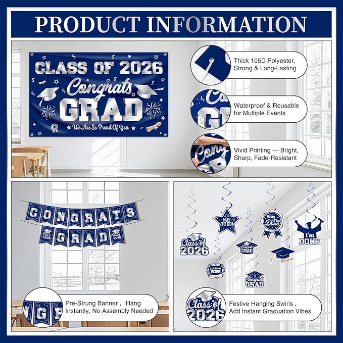 Graduation Decorations 2026 Blue and Silver Graduation Party Decor