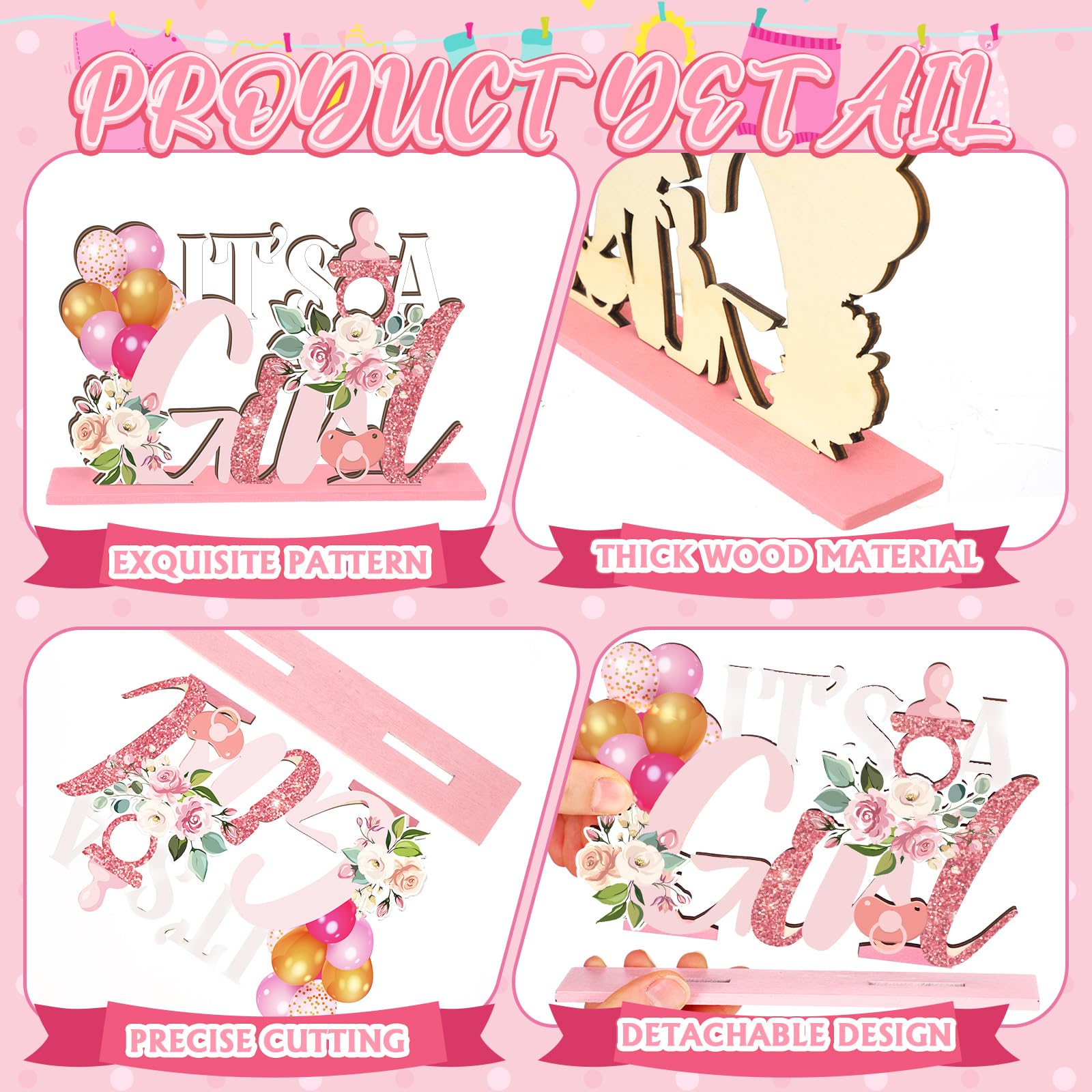 6 Pcs Floral Baby Shower Table Decoration Flower Girl Birthday Wooden
