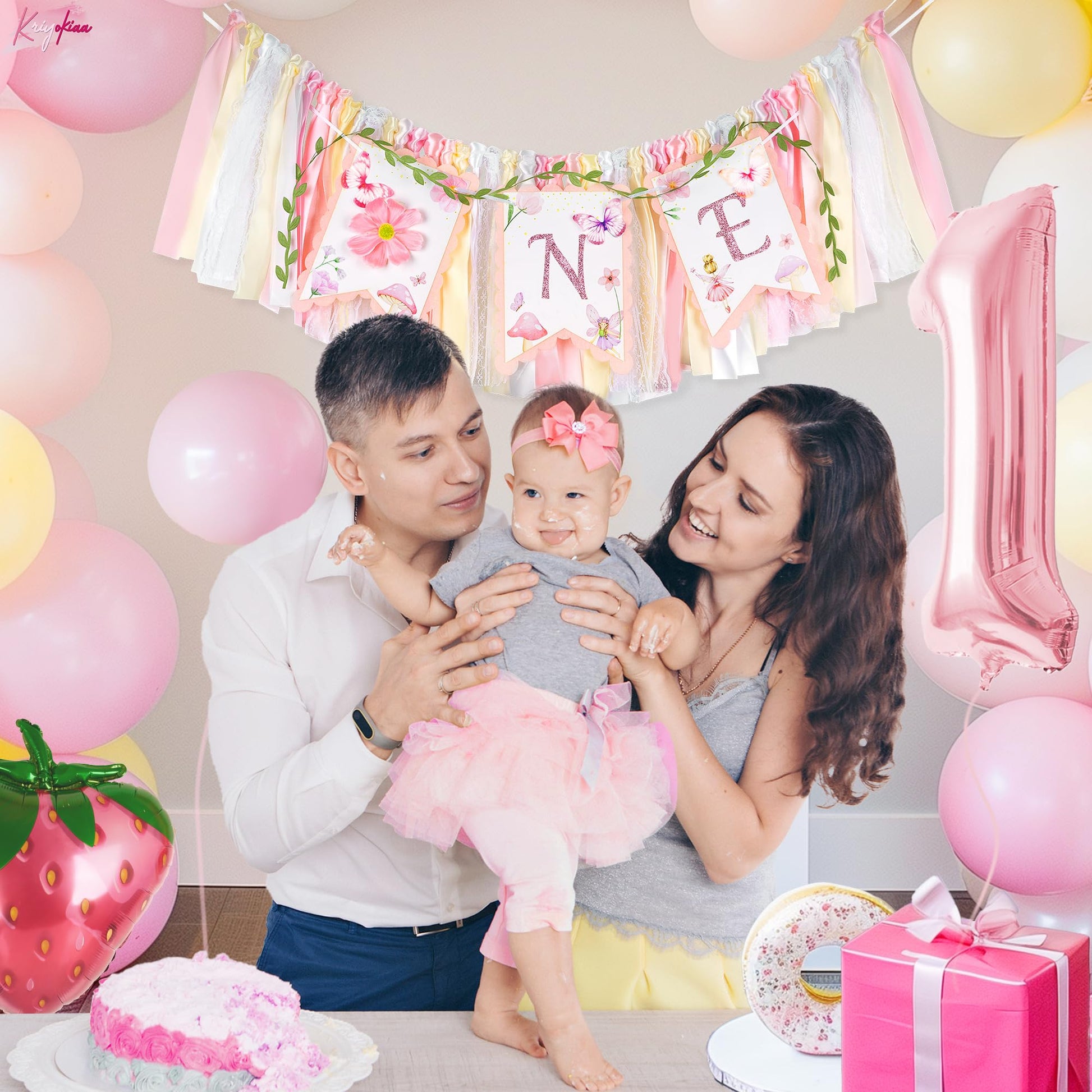 Kriyokiaa Highchair Banner 1st Birthday Girl Floral and Butterfly