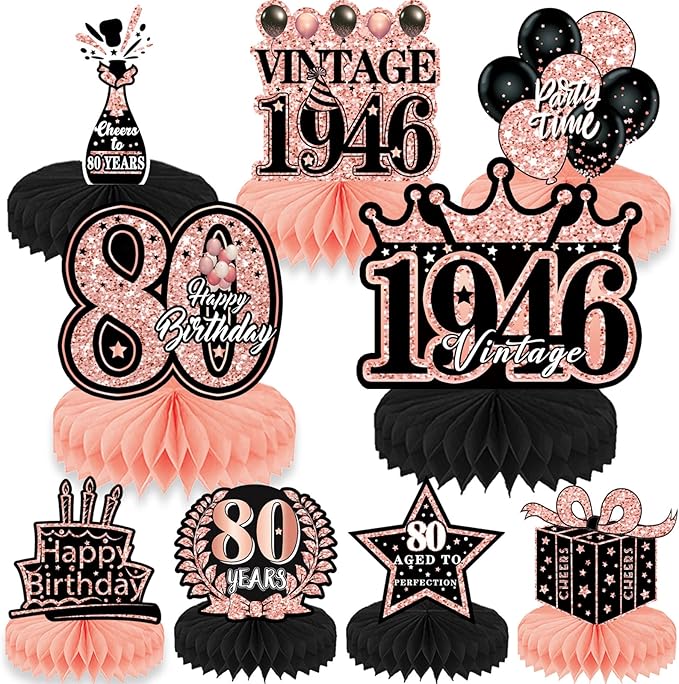 80th Birthday Decorations for Women - 9pcs Rose Gold 80 Party