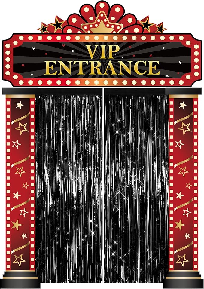 3 Pcs Casino Movie Night Porch Sign Banner with Black Foil Fringe