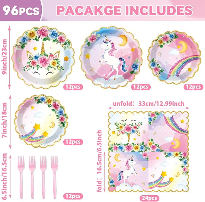 96Pcs Unicorn Party Plates and Napkins Rainbow Unicorn Birthday