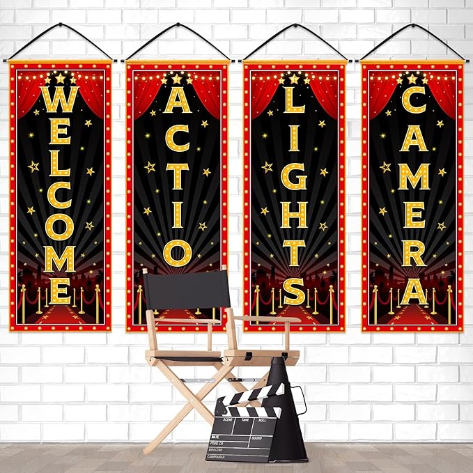 4 Pcs Movie Night Porch Banner Movie Themed Party Decorations