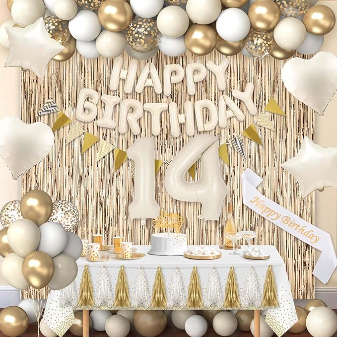 14th Birthday Decorations for Girls, White and Gold 14 Boho Birthday
