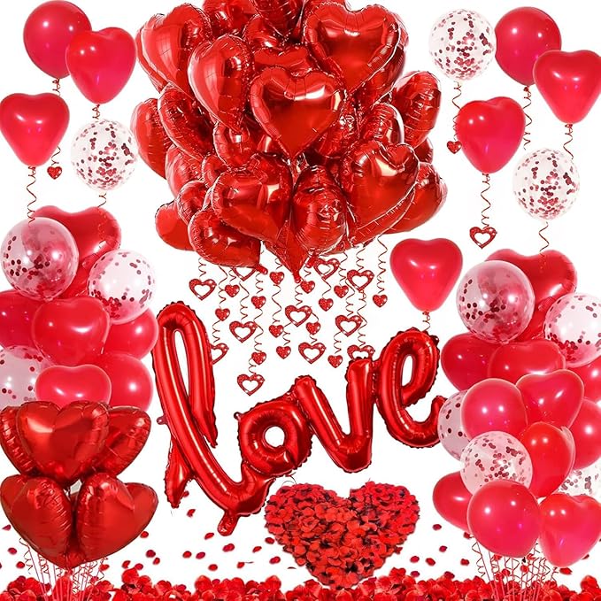Valentines Day Decorations with Red Heart Balloons and Love