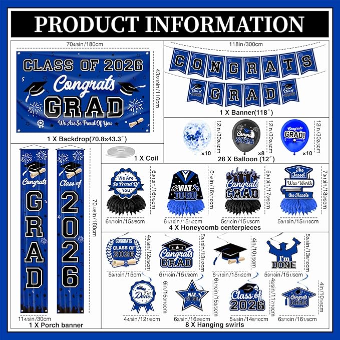Graduation Decorations Blue Party Decor Set include Congrats Grad