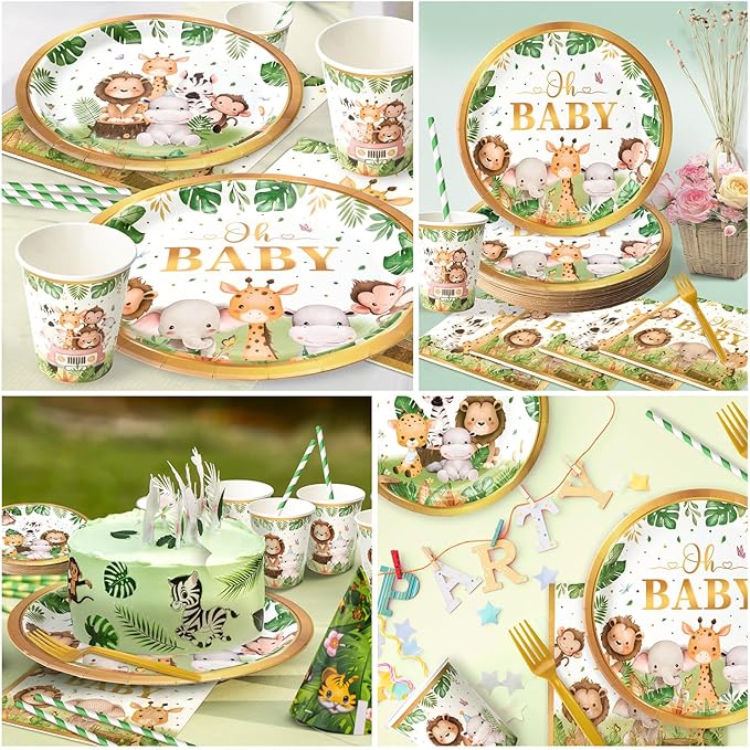 300 Pcs Safari Baby Shower Plates and Napkins Serves 50 Guests