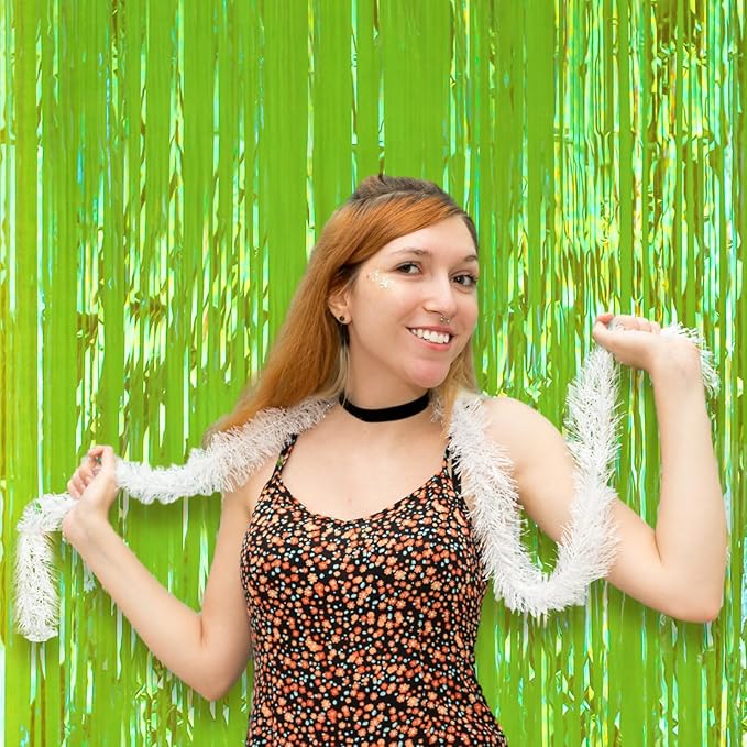 Voircoloria 4 Pack 3.3x8.2 Feet Neon Green Foil Fringe Backdrop