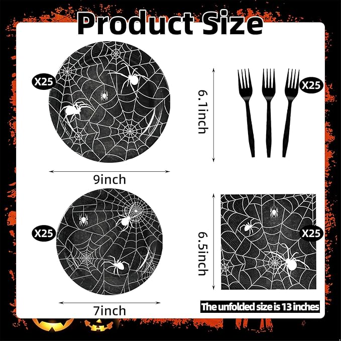 100 Pcs Halloween Spider Web Tableware Party Supplies Set Serves 25