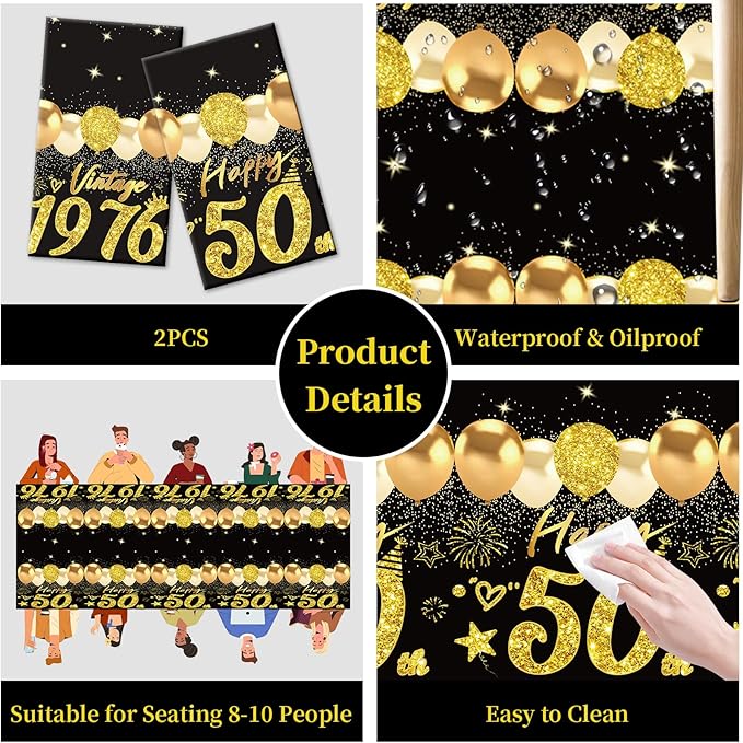 Uiorgui 2pcs 50th Birthday Tablecloth, Black Gold 50th Birthday