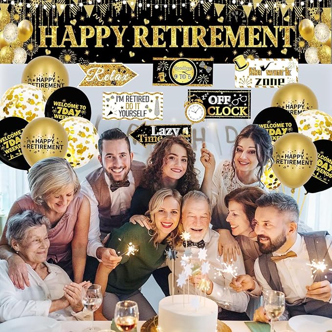 Black Gold Happy Retirement Banner Sign Directional Retired Yard