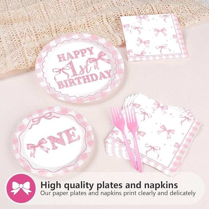 96Pcs Pink Bow 1st Birthday Party Decorations Cute Coquette Birthday