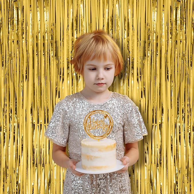 Voircoloria 2 Pack Gold Foil Fringe Backdrop Curtains, Tinsel