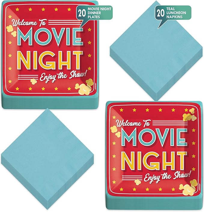 Movie Night Snack Bar Theater Popcorn Paper Dinner Plates and Lunch