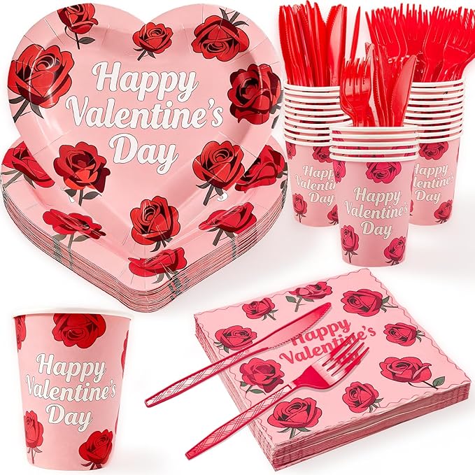 125PCS Valentine's Day Plates and Napkins Set Rose Heart Disposable