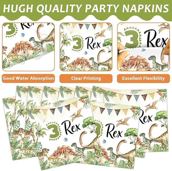 96PCS Dinosaur 3rd Birthday Party Paper Plates and Napkins and Forks