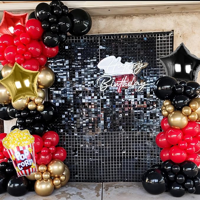 Movie Night Balloon Garland Arch Kit Red Black Metallic Gold