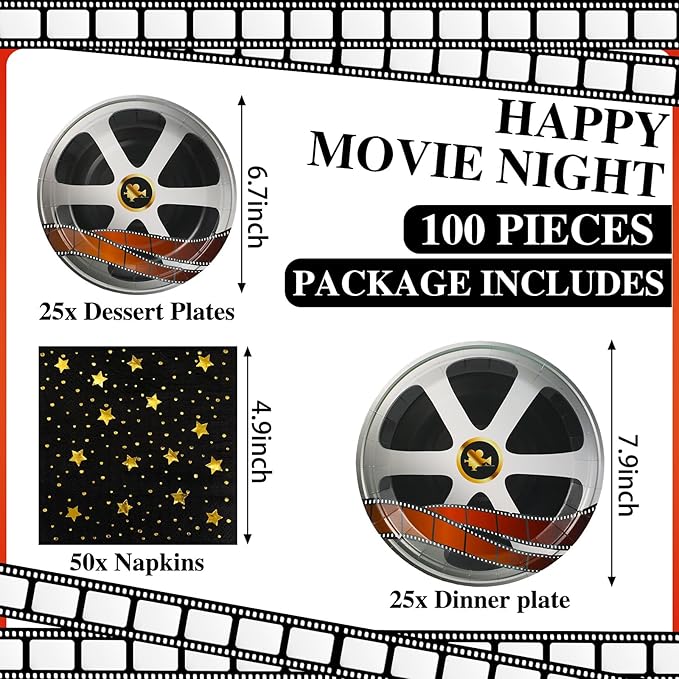 100 Pcs Movie Night Theme Party Supplies Serves 50 Plates and