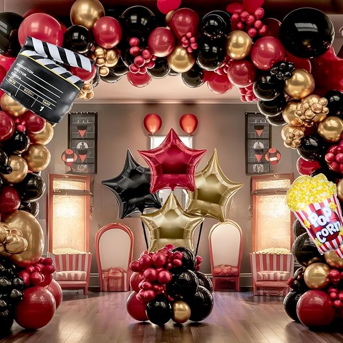 Movie Night Balloon Garland Arch Kit Red Black Gold Balloons with