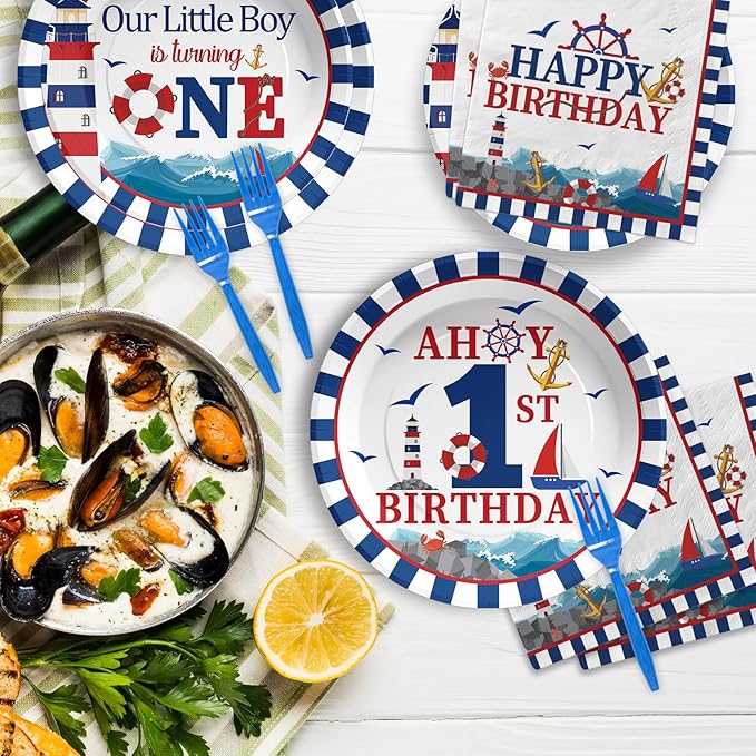 96Pcs Nautical Anchor Party Supplies Navy Anchor 1st Birthday Plates