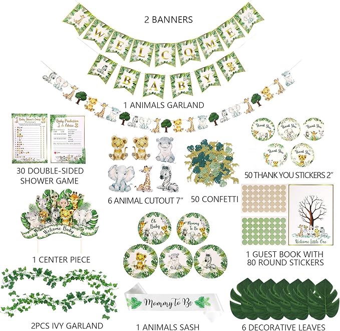 320 Piece Jungle Safari Baby Shower Decorations Kit for Boy or Girl